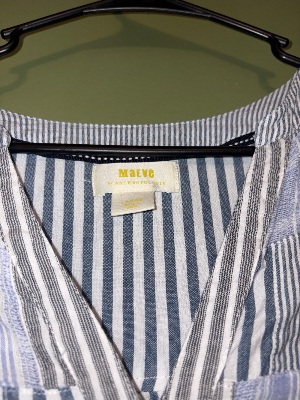 Anthropologie Blue and White Patchwork Stripe Button V-Neck Blouse - Picture 2 of 5